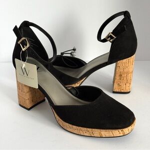 Worthington Woman’s Panama Block Heels in Black Faux Suede Cork Platform Size 9M